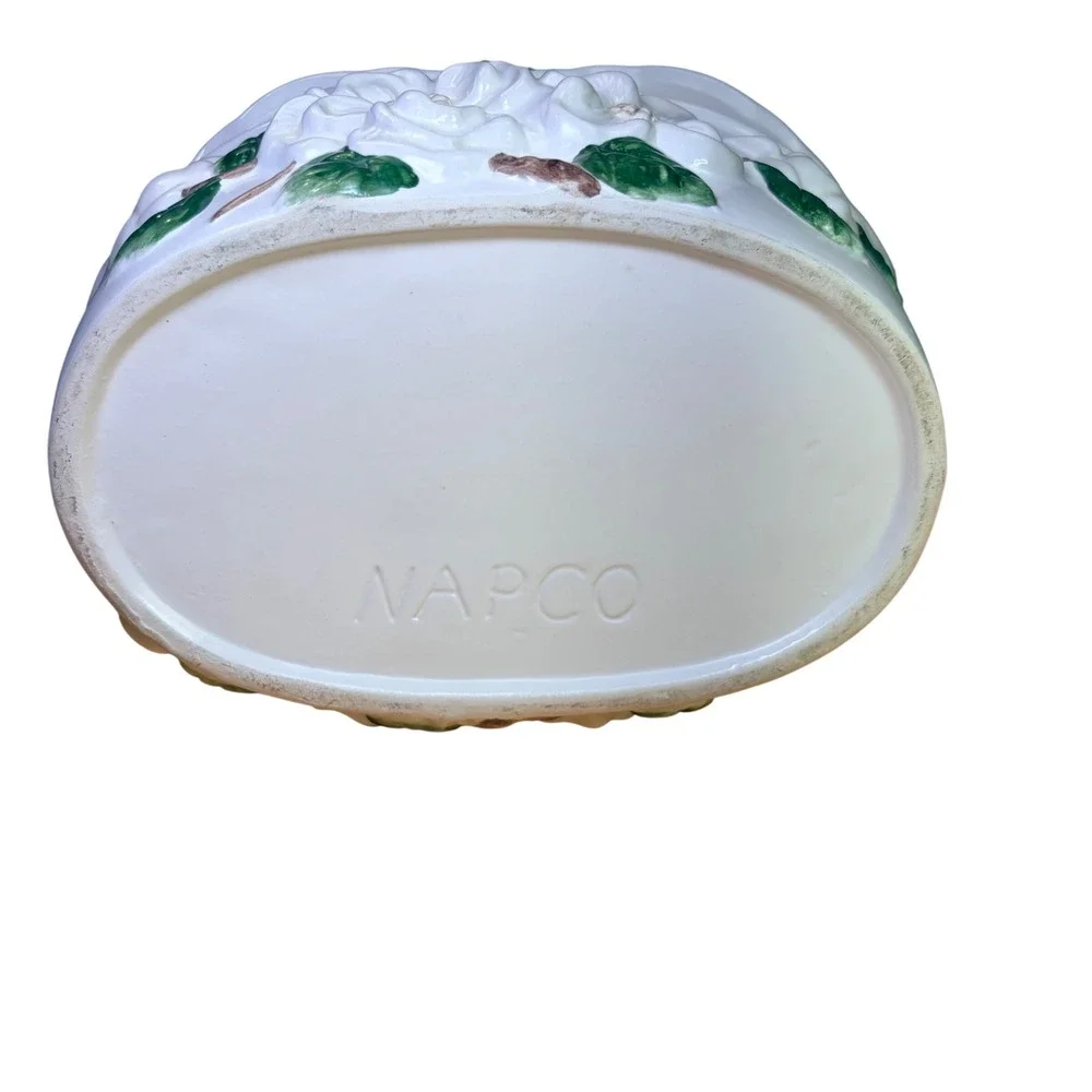 Napco Ceramic Magnolia Flower Basket Planter Vase White Green Rare Retro Vintage